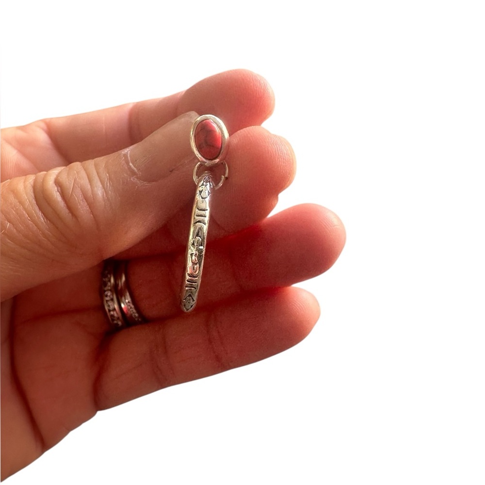 Silver and Red Turquoise Engraved Hoop Earrings